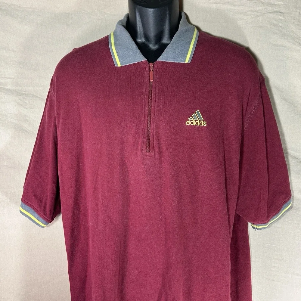 Vintage adidas Mens XL Burgundy Quarter Zip Polo Shirt Cotton Golf Casual‎